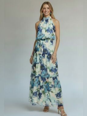 NWT JULIA JORDAN Floral Sleeveless Halter Neck Tiered Ruffle Maxi Dress Size 6